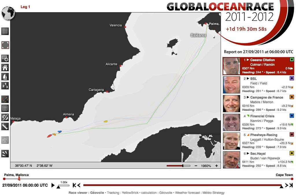 High level screen shot showing the course change made about 24 hours previously - Global Ocean Race 0600hrs, 27 September 2011 © Global Ocean Race http://globaloceanrace.com